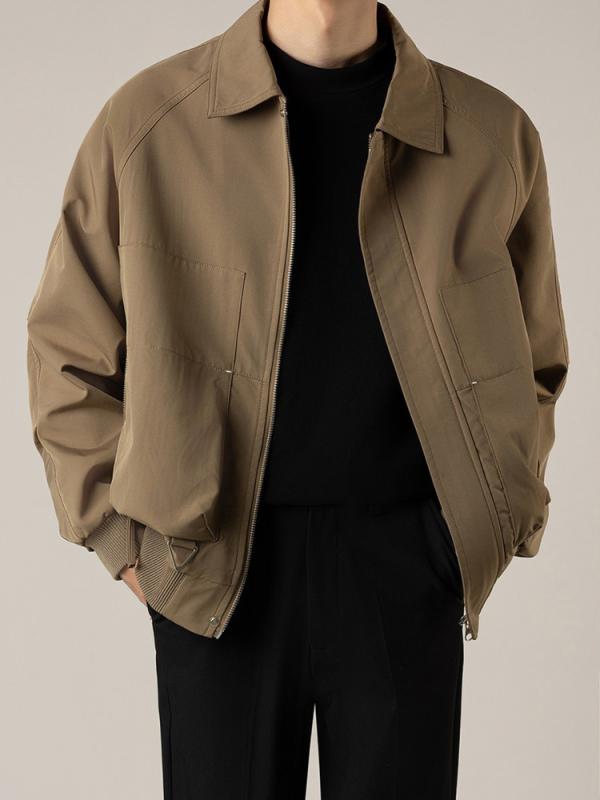 Jumper, Blouson - ジャケット 男性用 ブルゾン ショート丈 襟付き 春秋物 コットン 無地 黒 カーキ アウター ライトアウター 羽織り
