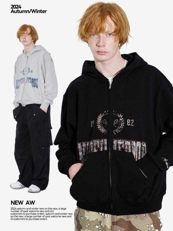 メンズ フーディ 秋冬 綿 重磅 ルーズフィット ジップアップ 連帽 長袖 無領 プリント 抽象柄 ドット加工 ビンテージ スタイル ブラック 花柄グレー 日常 着用 軽量 吸湿速乾 伸縮性 カジュアル ストリート ファッション