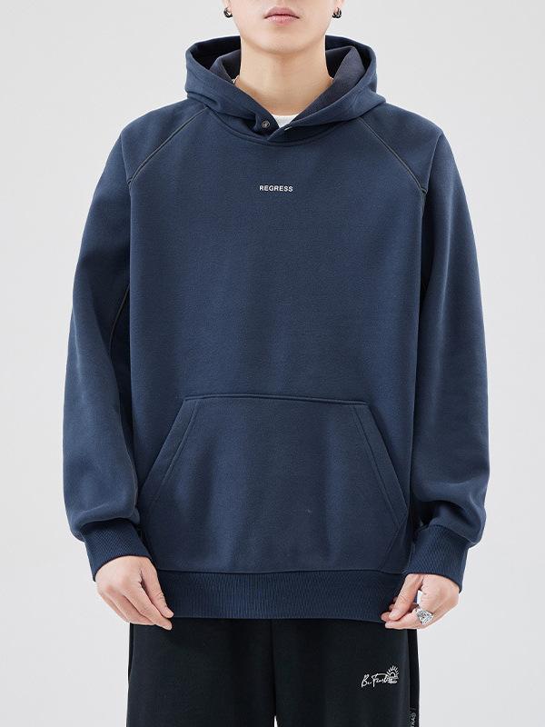 メンズ フーディ コットン 長袖 ルーズフィット 落肩 丸首 フード付き 秋冬 深紺 無地 ポケット スポーツ 日常使い カジュアル 暖かみ 伸縮性 軽量 厚手 ゆったり 上着 トップス スウェット プルオーバー