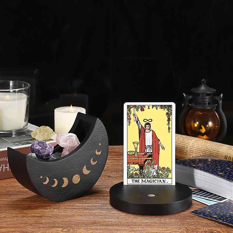 BSTKEY　タロットカード収納ケース　占いツール　タロットスタンド　木製タロットカードホルダー　占い小物入れ　トロットカード立て　毎日カードトレイスロット付き　月型　ブラック+