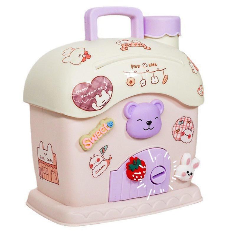 EsiFare 貯金箱 可愛い 小さな家 鍵付き おもしろ ステッカー付き 手提げ貯金箱 硬貨 小銭 紙幣 収納 ..