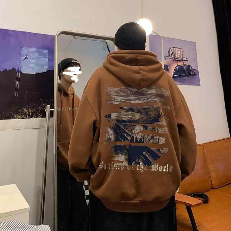 メンズ オーバーサイズ フーディ コート ブラック グレー ホワイト ブラウン 加厚 暖か ポリエステル 長袖 落肩袖 ルーズフィット プリント 街着 ストリートスタイル 秋冬 コージ 暖房 厚手 風合い 柔らか 日常使い 秋冬アウター