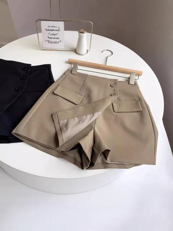 スカート レディース 韓国風 高見え ショートパンツ キュロット ハイウエスト 着痩せ Aライン ワイドレッグパンツ ポリエステル ブラック グレー カーキ色 XS S M L XL 2XL 3XL 4XL 原宿風 日韓カジュアル 微弾 立体装飾
