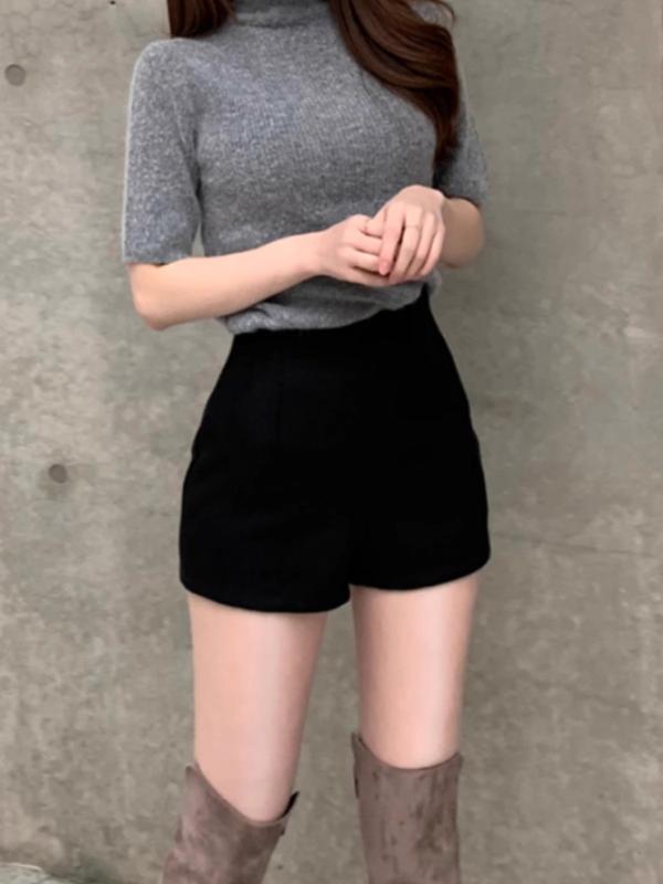 ショートパンツ レディース 秋冬 高腰 Aライン 厚手 美脚 無地 黒 カジュアル 韓国風 ファッション 毛織 通勤 ポリエステル 綿