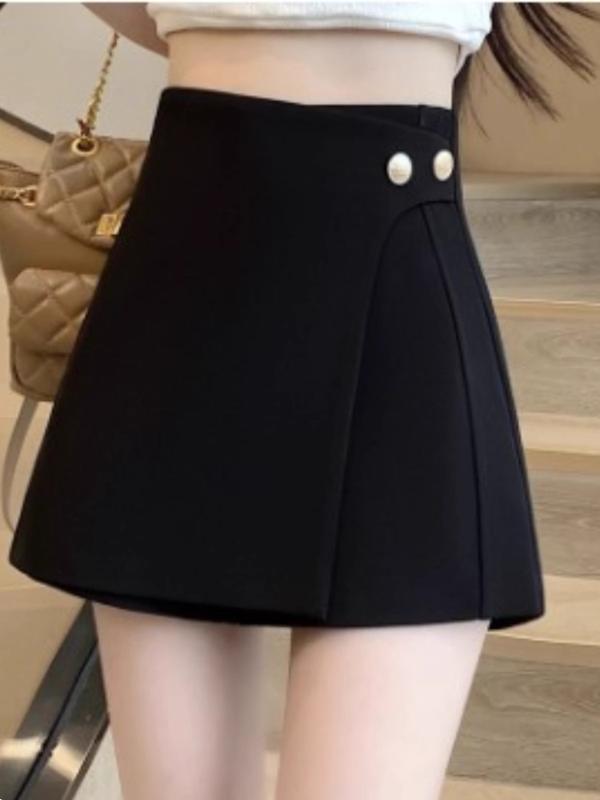 スカート レディース Aライン 高見え ショートパンツ キュロット 黒 春夏 高腰 痩せ見え 韓国風 ファッション OL 通勤 ポリエステル 薄手