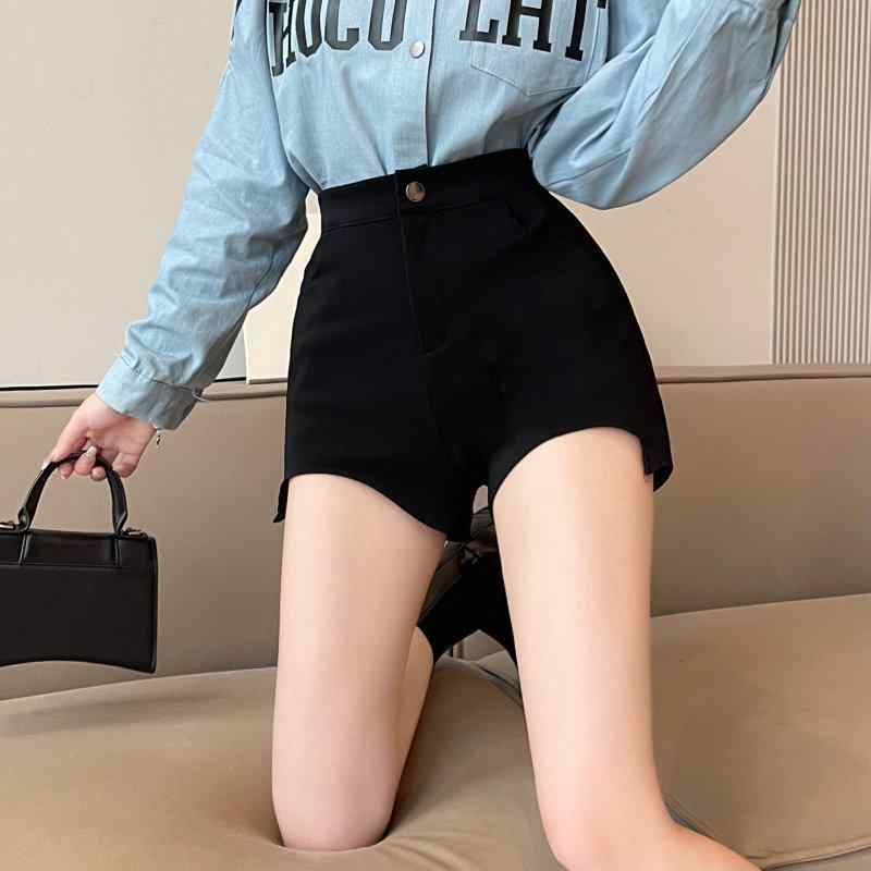 ショートパンツ レディース 黒 高腰 ワイドレッグ ポリエステル 快適 伸縮性 カジュアル スタイル 普段使い 韓国風 無地
