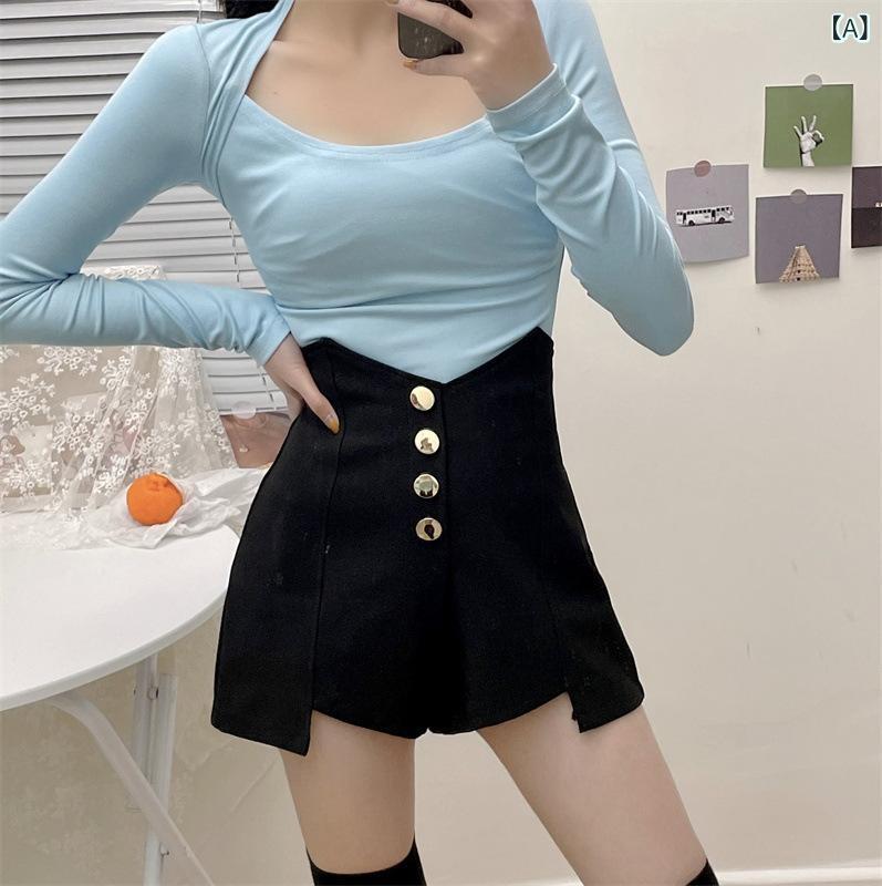ショートパンツ レディース 韓国風 高見え 高腰 Aライン 美脚 スタイルアップ ホットパンツ 黒 ブラック ベージュ ポリエステル マイクロミニ シンプル ベーシック ラフ ゆったりめ