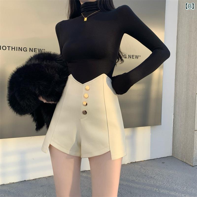 ショートパンツ レディース 韓国風 高見え 高腰 Aライン 美脚 スタイルアップ ホットパンツ 黒 ブラック ベージュ ポリエステル マイクロミニ シンプル ベーシック ラフ ゆったりめ