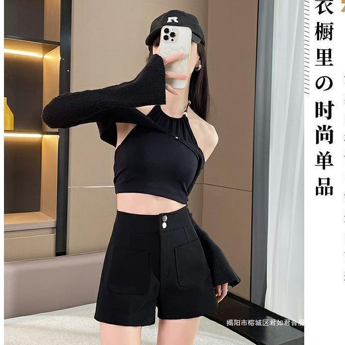 ショートパンツ レディース 黒 短パン 韓国風 ポリエステル 高腰 ポケット付き ゆったり かわいい シンプル 美脚 普段使い デート