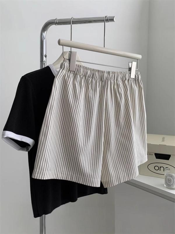 ショートパンツ レディース 大きいサイズ ストライプ柄 ポリエステル ゆったり ワイドレッグパンツ スポーティー 短パン 部屋着 黒 ブ..