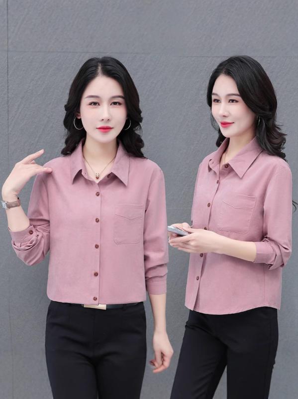 シャツ レディース 長袖 襟付き 無地 ゆったり ベルベット調 ブラウス トップス カットソー M L XL 2XL 3XL 4XL レンガ色 紫 ピンク系 カーキ ポリエステル ナイロン 通勤 普段使い 韓国風