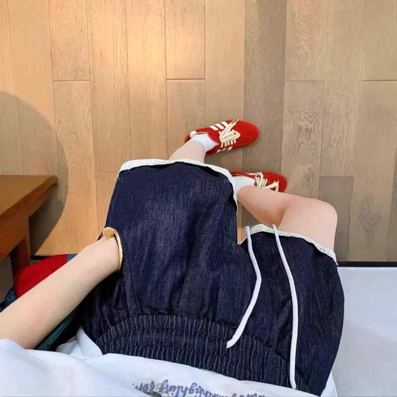 ショートパンツ レディース 春夏 デニム レース 切り替え 接触冷感 伸縮性 ゆったり 普段使い 部屋着 かわいい ウエストゴム ジーンズ ジーパン 短パン キュロット