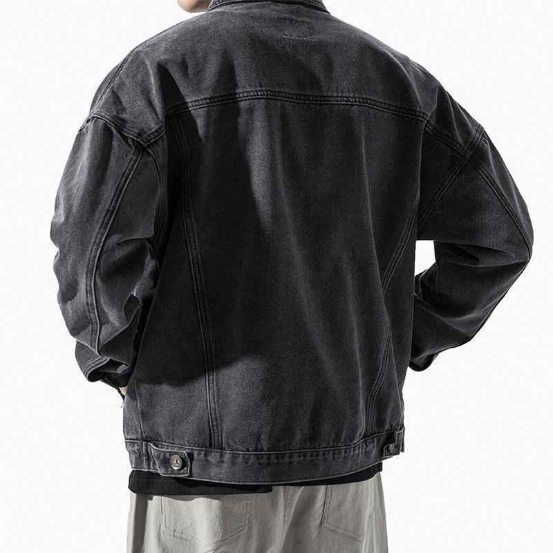 デニムジャケット メンズ 秋の新作 ブラック ブルーステッチ Gジャン ゆったり 長袖 ワークジャケット 胸ポケット