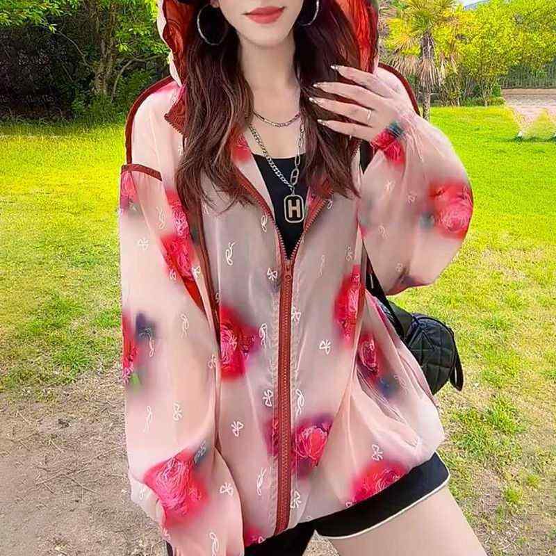 レディース 防晒服 バラ柄 ポリエステル 接触冷感 長袖 連帽 軽量 通気性 UVカット 夏 秋 ピンク 花柄 迷彩 ゆったり スタイリッシュ 通勤 普段使い アウトドア