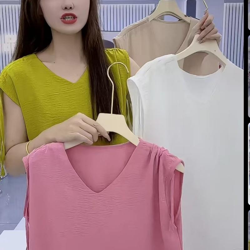 乐天商城 - ノースリーブ トップス 女性用 夏 無袖 Vネック 抽褶 デザイン 肩紐 紐 ワイドシルエット ゆったり ポリエステル 緑 ピンク ホワイト ベージュ シンプル カラーバリエーション 軽量 通勤 普段使い 気質 都市スタイル 吸湿速乾 接触冷感 かわいい
