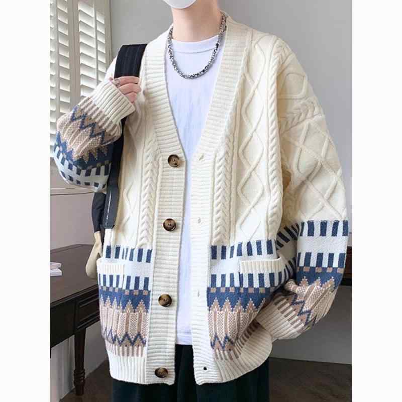 ニット カーディガン メンズ 秋冬 Vネック ケーブル編み ルーズフィット リラックス 韓国風 コットン 男性用 トップス 杏色 レッド ブルー
