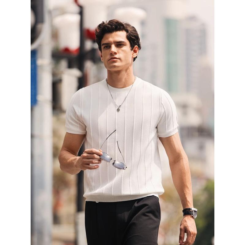 Tシャツ メンズ 男性用 ニット 薄手 ラウンドネック 半袖 カットソー 韓国風 スリム 無地 トップス 接触冷感 通気性 伸縮性 ブラック ホワイト グレー