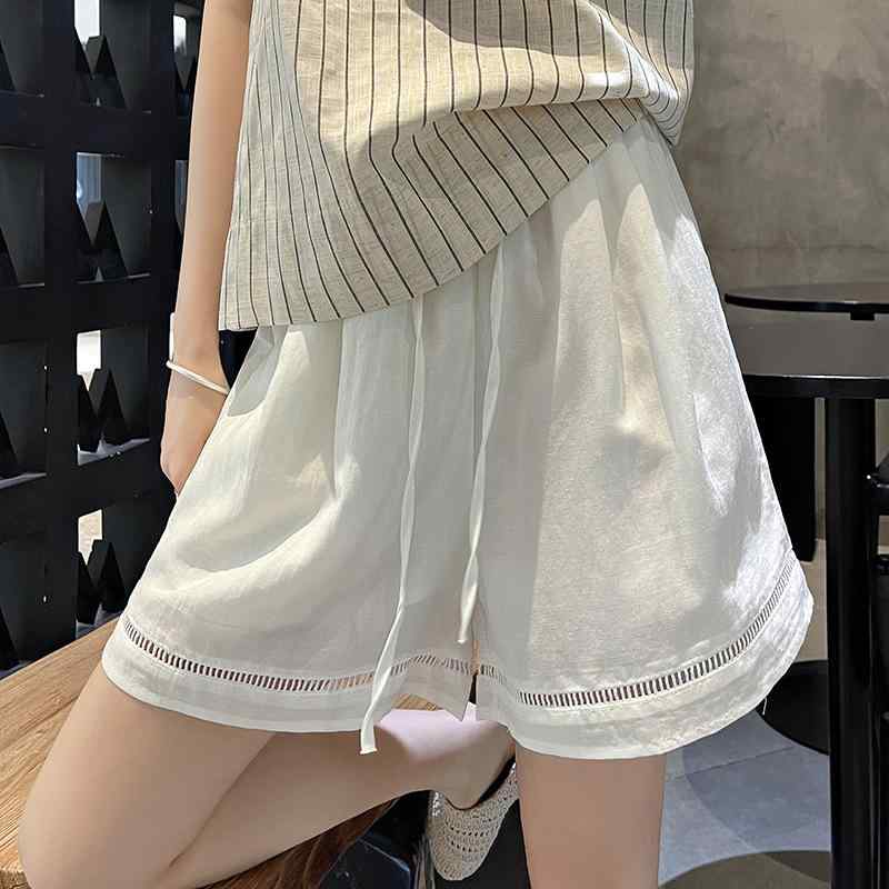 ・素材: 綿・素材（混紡率）: 綿45%、ナイロン13%、レーヨン42%・スタイル: ストレートパンツ・パンツの種類: ワイド・パンツ丈: ハーフパンツ・ウエスト: ハイウエスト・厚さ: 薄手・特徴: ポケット・カラー: ブラック、ホワイト、アプリコット・サイズ: S、M、L、XL、2XL・テイスト: エレガント、オフィス・伸縮性: ややあり・対象: 女性・製品タイプ: カジュアルパンツ・加工: 防しわ加工