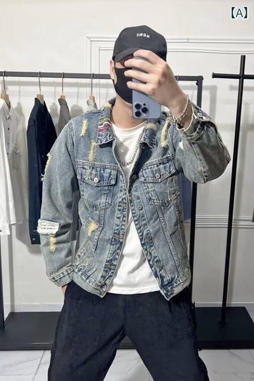 乐天商城 - ジャケット 男性用 デニム 春秋物 アウター ゆったり 虎 刺繍 ウォッシュ加工 カジュアル