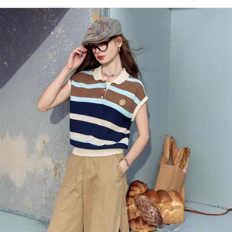 乐天商城 - Tシャツ レディース 夏 学院風 復古 撞色 条紋 短袖 ニット 上衣 修身 トップス ピックアップ カラー ブラウン ポリエステル 混紡 軽量 吸湿速乾 接触冷感 日韓 スタイル 普段使い かわいい シルエット