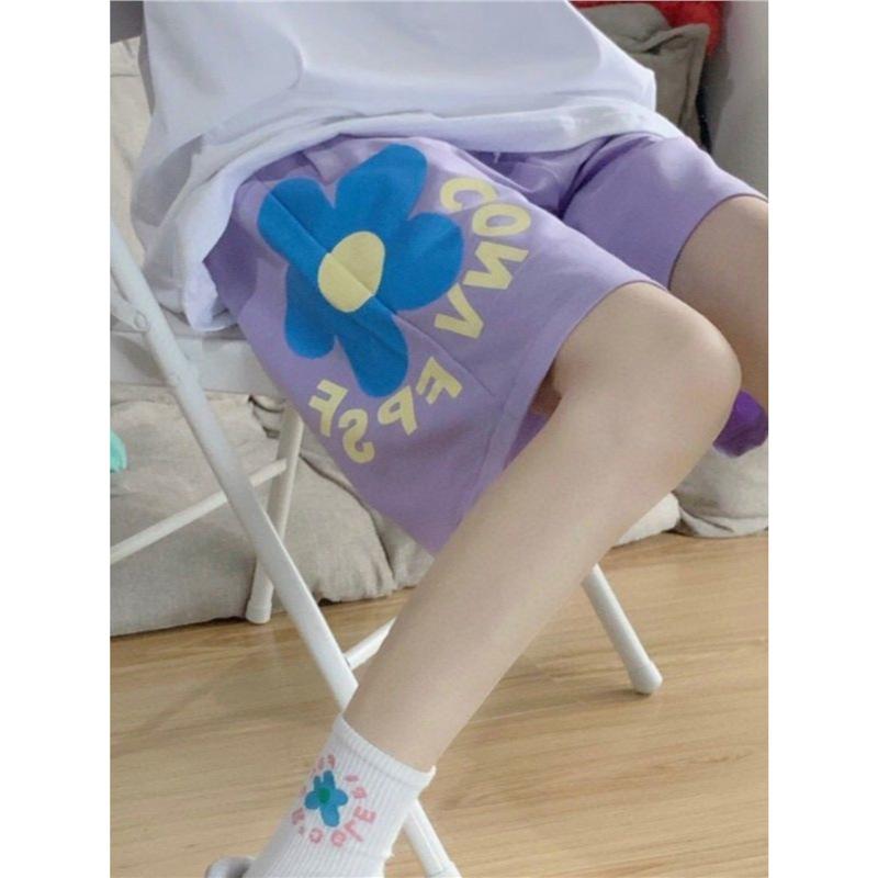 ショートパンツ レディース 春夏 韓国風 高腰 ワイドレッグパンツ スポーツ 短パン カジュアル 薄手 ゆったり 紫 黒 白 M L XL XXL