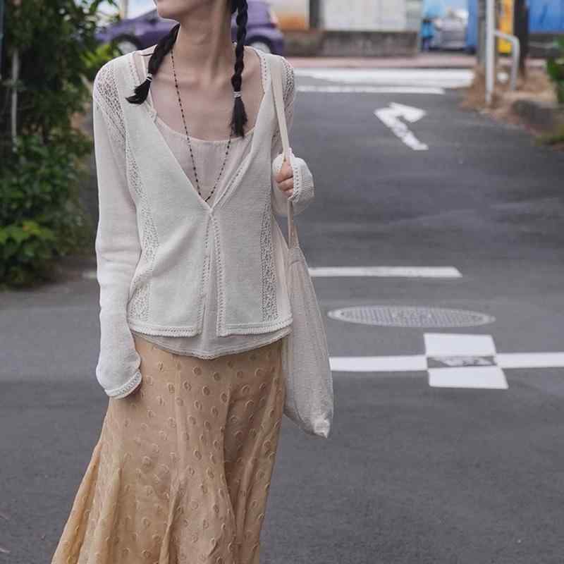 ニット カーディガン レディース 長袖 Vネック 開き 修身 切り替え レース 花柄 空気抜け 接触冷感 ポリエステル 混紡 ベーシックホワイト 日韓カジュアル 夏 トップス 軽量 通勤 普段使い 吸湿速乾