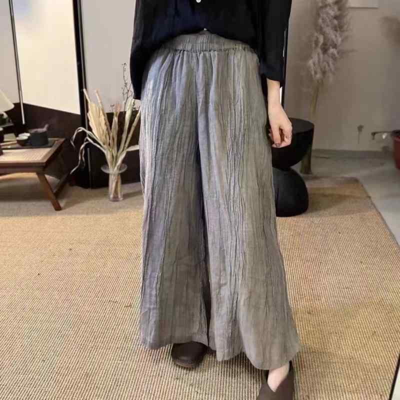パンツ レディース 2024春夏 苎麻 ワイドレッグパンツ ゆったり 文芸復古風 絞り染め ギャザー ウエストゴム ストレートパンツ