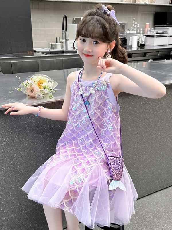 ワンピース キッズ 女の子 子供 美人魚 プリンセス サマー ドレス 吊りスカート ビーチ 紫 100cm 110cm 120cm 130cm 140cm 150cm 160cm 聚酯纤维