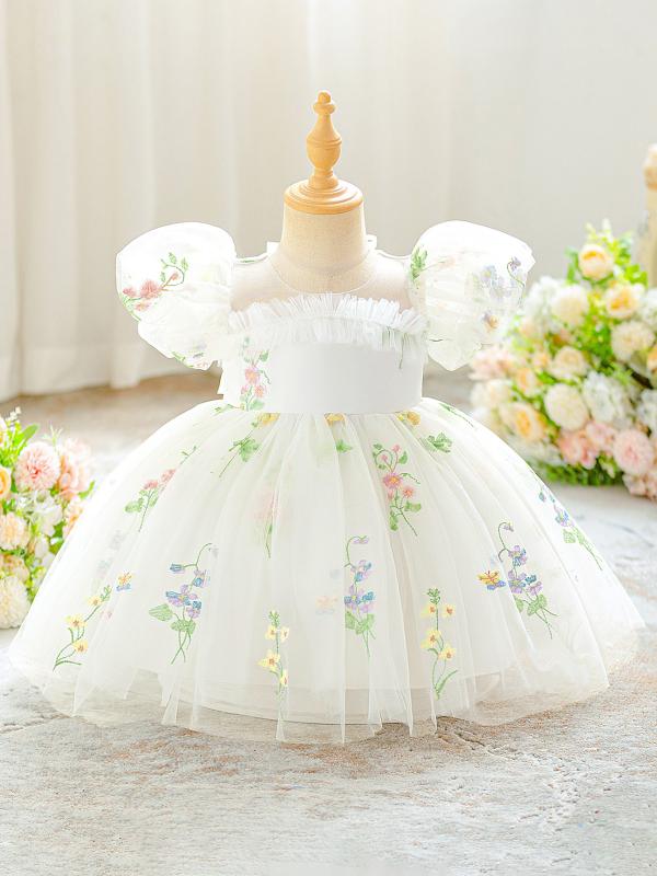 ワンピース キッズ 子供 プリンセス 刺繍 チュール パフスリーブ ドレス リゾート 発表会 結婚式 パーティー フォーマル かわいい