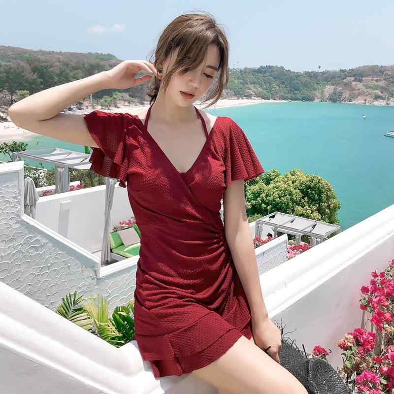 水着 レディース ワンピース スカート式 体型カバー 露出少なめ 無地 セクシー 小さめ ドット柄 スイムウェア 温泉 海水浴 黒 ワインレッド M L XL XXL