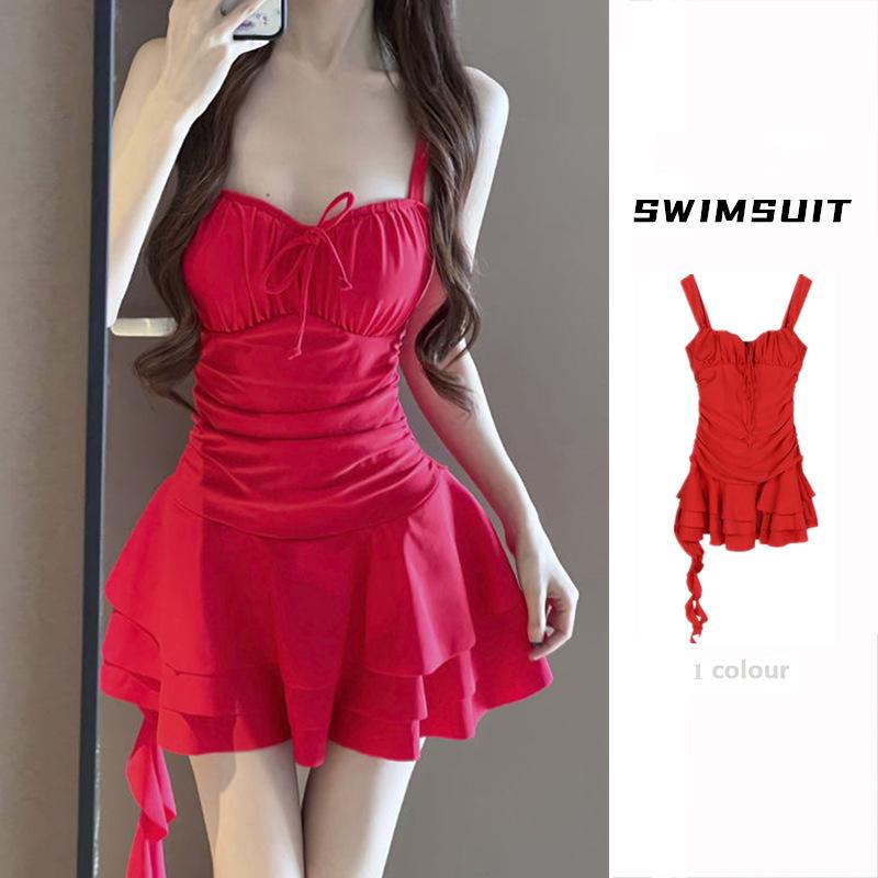 水着 レディース ワンピース 韓国風 小柄 体型カバー 海辺 リゾート 温泉 赤色 ポリエステル