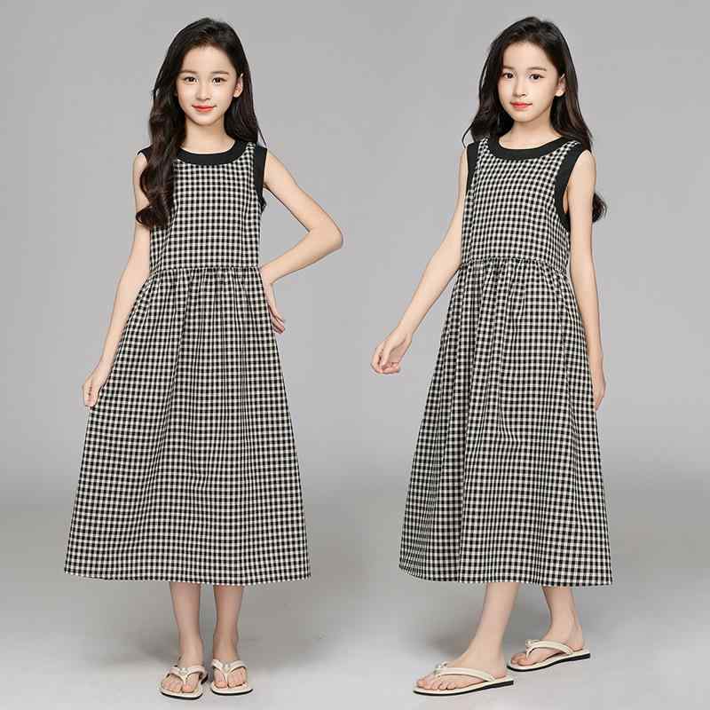 ワンピース キッズ 女の子 ノースリーブ Aライン チェック柄 コットン 子供服 リゾート ロングワンピース