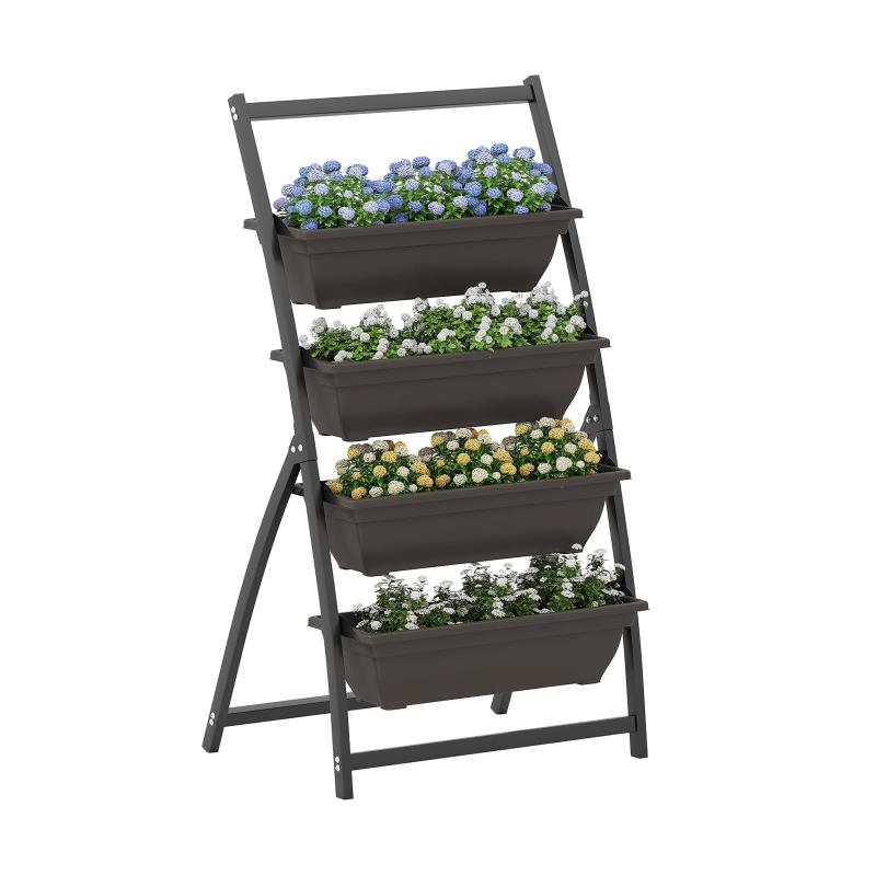 フラワースタンド 大型 4段 植木鉢 プランタースタンド 花台 園芸 鉢植え 植木台 排水孔付き【本体サイズ】(約)幅66x奥行50.5x高さ124cm;【 鉢サイズ】(約)幅60x奥行21x高さ16cm/個【梱包サイズ】幅81.5*奥行23.5*高さ20.5cm; 【重量】7kg; 【材質】 鉄パイプ（表面黒塗装）+PE鉢【4段式ミニガーデン】4つの植栽ボックスを備え、野菜、ハーブ、お花、多肉植物など、お好みの植物を組み合わせて育てる広々スペースを実現。ベランダや室内のちょとした空間でも、緑のインテリアとして楽しめます。【水はけ抜群の設計】複数の排水穴を設置。過剰な水やりによる根腐れを防ぎ、通気性を保つことで、植物が健やかに育つ環境を整えます。底面の目印に従って排水穴を追加開け可能なため、植物の種類や季節に合わせた水やり管理が簡単です。【階段構造】洗練された段々形状で、上段から下段までムラなく日光を行き渡らせます。これにより、下段の植物も日光不足を心配することなく、すべての植物がバランスよく生長します。【立ったまま作業】土の補充や収穫時に腰をかがめる負担を軽減します。さらに、各ボックスはフレームから簡単に着脱可能で、植え替えや掃除もラクラクです。
