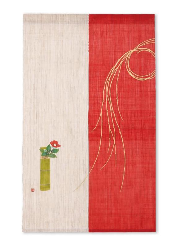 京都洛柿庵 のれん N-308 紅白のれん「初釜」麻 100% タペストリー 掛け軸 インテリア 和モダン 和風 結び柳 椿 正月 迎春 冬飾り