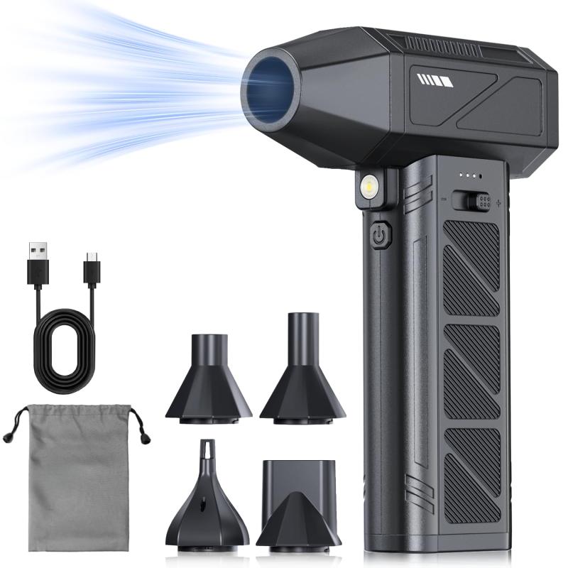 YONA エアダスター 電動エアダスター ブロワー 小型 ブロアー 250000RPM高速回転 強力 最大風速120m/s 無段階風量調整 5種類ノズル付き LEDライト付き Type-C充電式 PC掃除/エアコン/キーボード/車内/