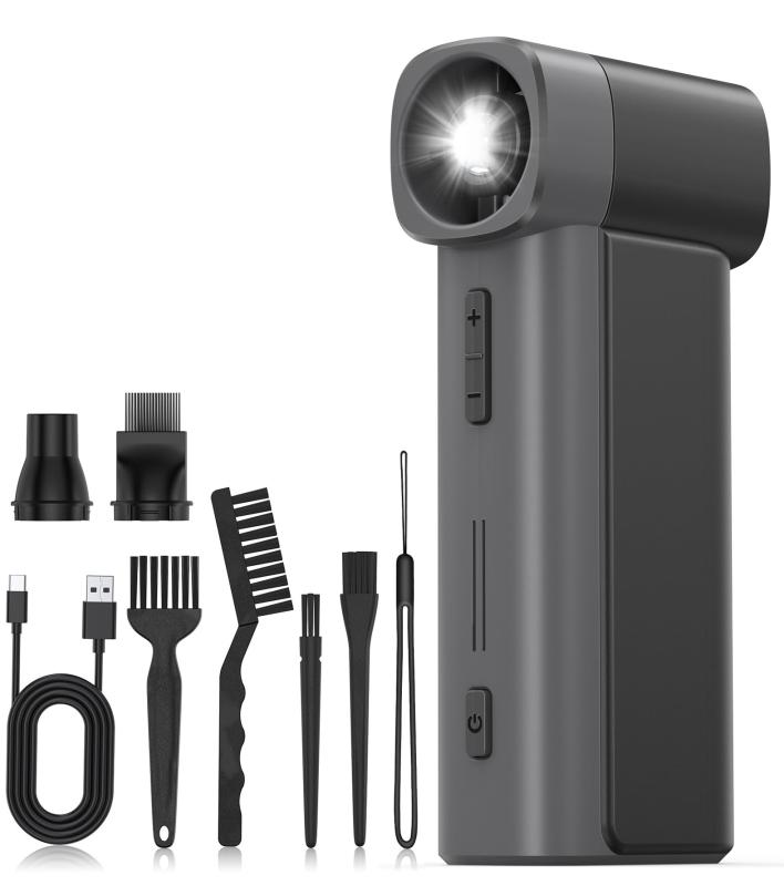 Dulums ミニ洗車ファン 最大風速50m/s 電動エアダスター 携帯用ハンドファン150000rpm(18段階風量調整、8000mAhバッテリー、最大8時間連続作業可) 充電式ファン 3モードLEDライト付き 軽量210g ストラ