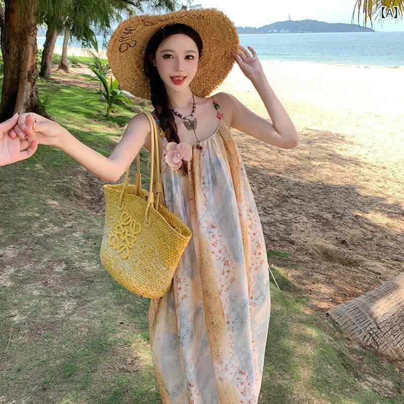 ワンピース レディース リゾートワンピース ボヘミアン ビーチワンピース 花柄 ノースリーブ ギャザー ゆったり 藍緑調歌 焦げ茶色 S M L 伸縮性