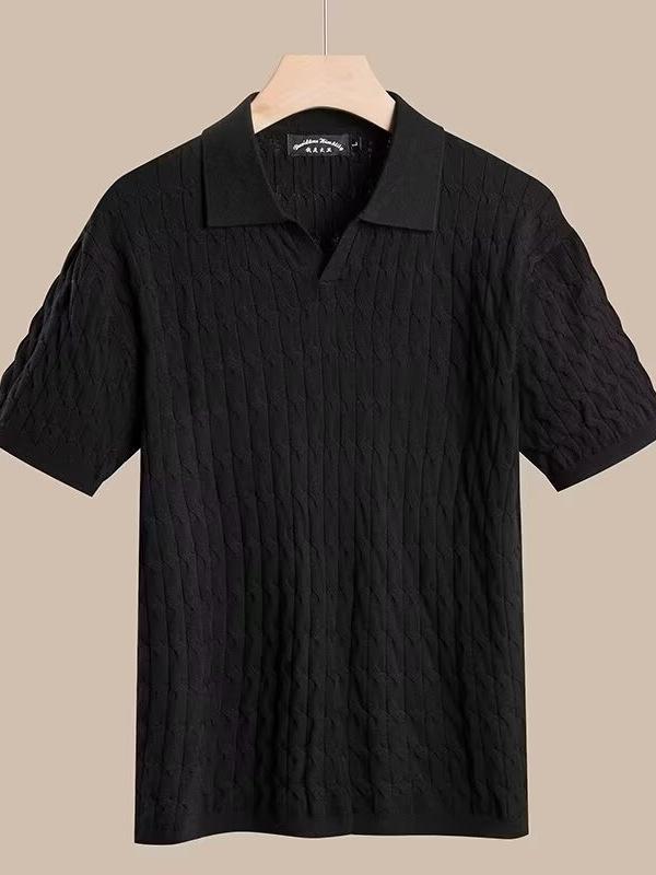 ポロシャツ 男性用 半袖 ニット トップス 薄手 韓国風 レトロ 普段使い ポリエステル ブラック ホワイト グリーン