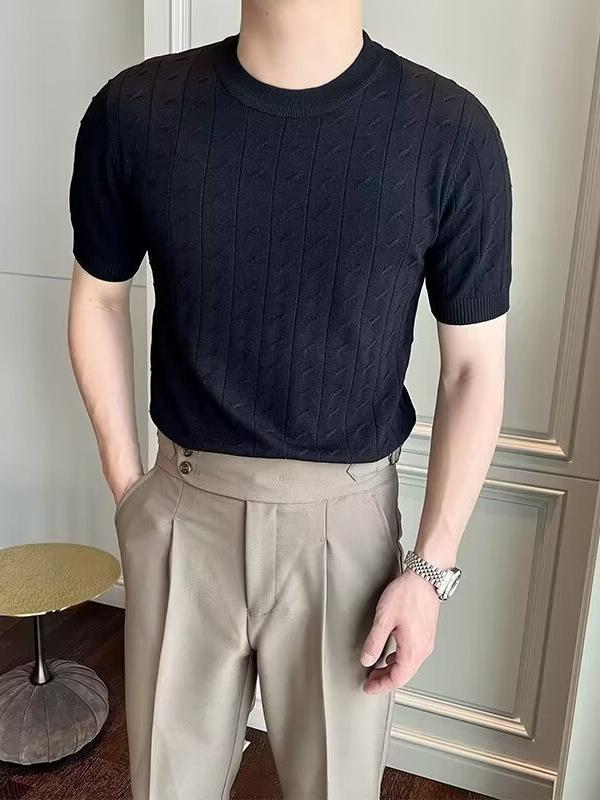 Tシャツ メンズ 半袖 薄手 サマーニット カットソー トップス 無地 ラウンドネック 接触冷感 通気性 伸縮性 カジュアル 男性用 白 黒 ベージュ