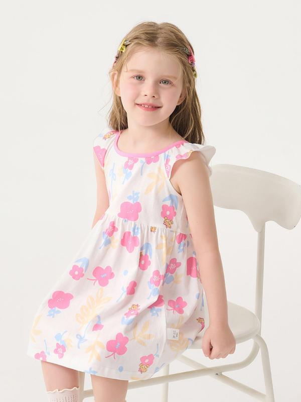 女児 ワンピース 女の子用 子供服 夏用 春夏 コットン 綿100% 花柄 プリント 吊り帯 キャミソール 背心 袖なし Aライン フレアスカート 軽量 通気性 吸湿速乾 かわいい ガーリー 田園風 プリンセス ドレス コットン素材 柔らかい肌触り 涼し