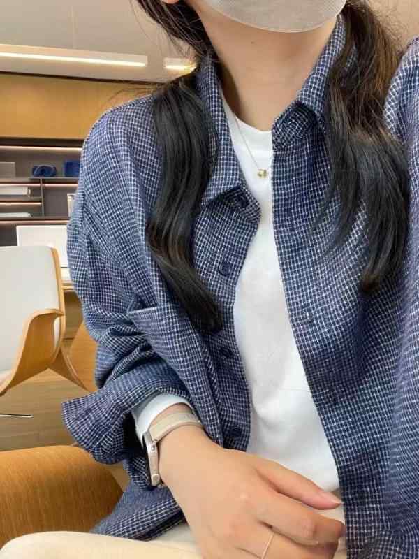 シャツ レディース 韓国風 ブルー チェック柄 コットン リネン ネルシャツ トップス 長袖 POLO襟 カジュアル 通勤