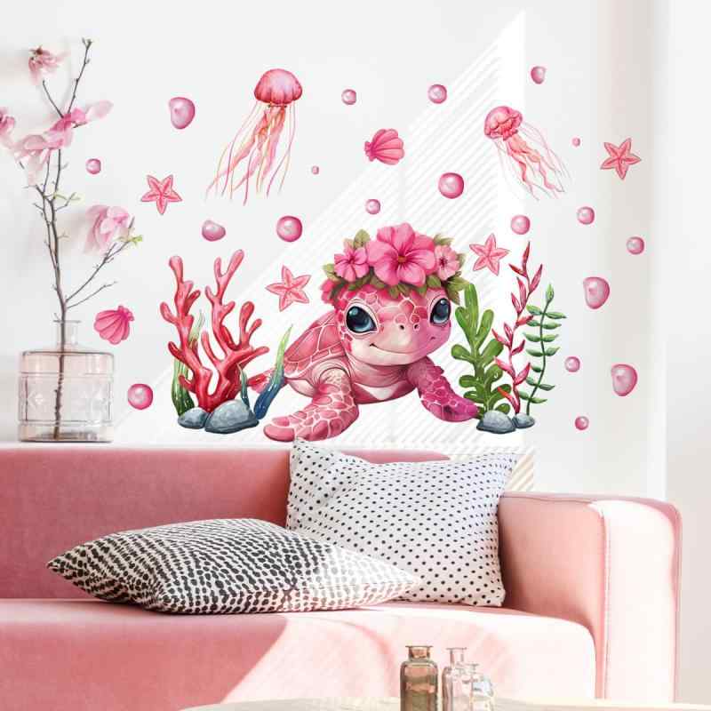 ピンク ウミガメ ウォールステッカー 海洋生物 ジェリーフィッシュ サンゴ 花 壁紙シール 保育園 子供部屋 装飾用 ステッカー ウォールシール 剥がせる 壁紙シール インテリア 壁装飾 シー