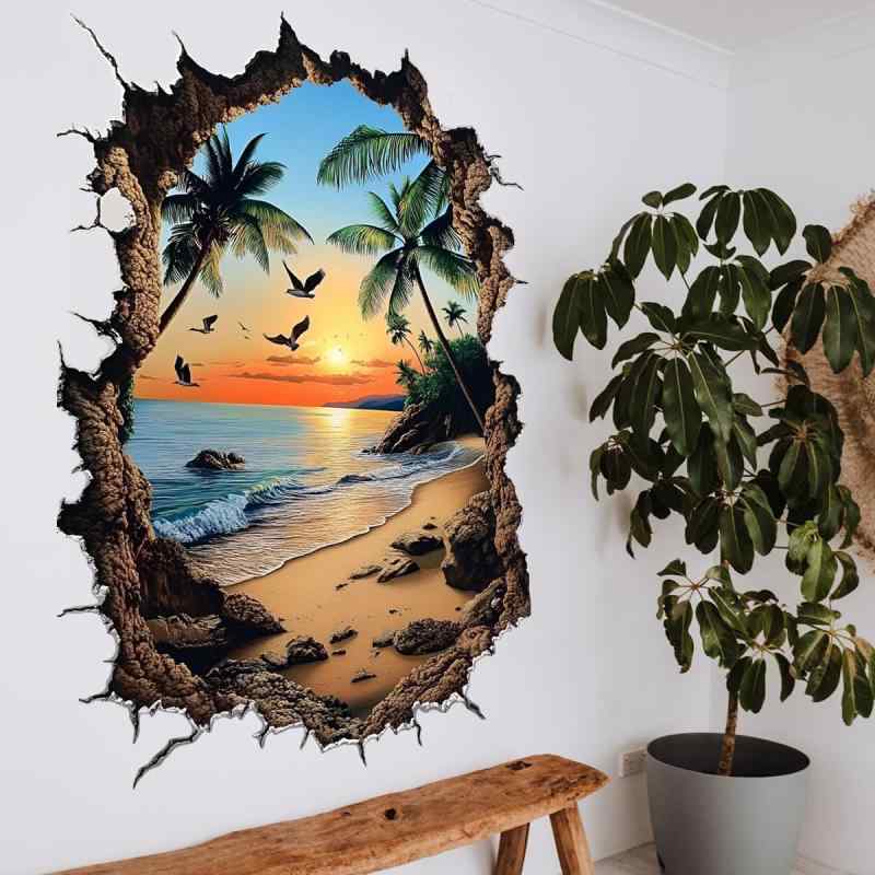 SMAOSTORE(また) ウォールステッカー おしゃれ 壊れた壁 島 夕日 海の景色 ハワイのビーチ リビングル..