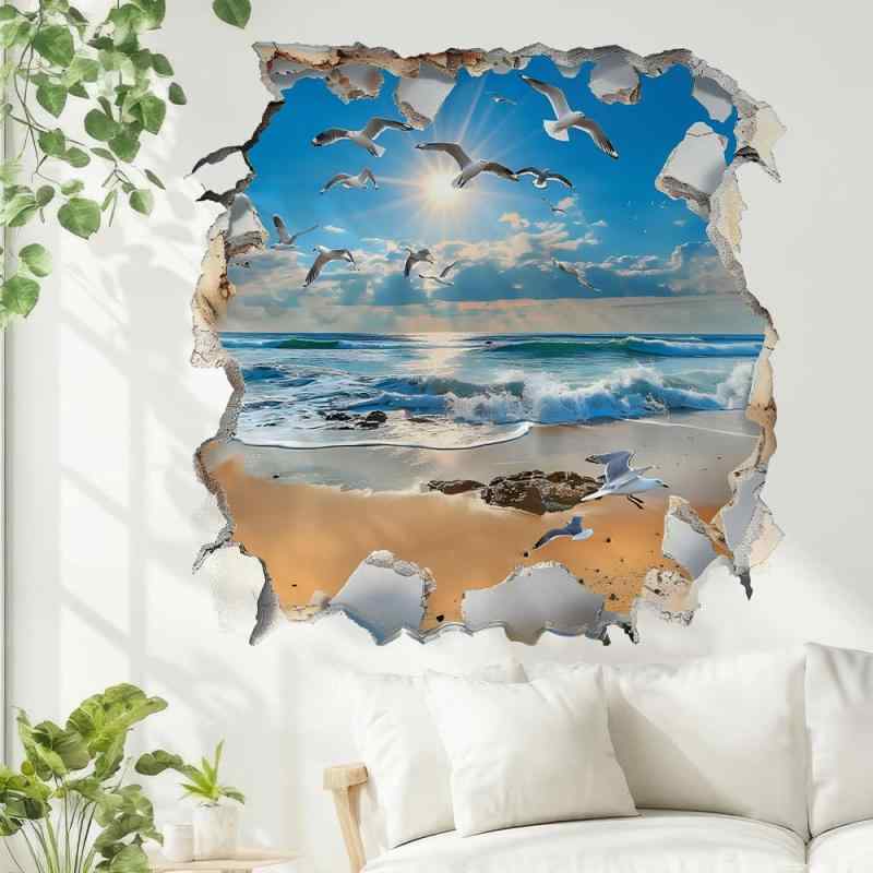 SMAOSTORE(また) ウォールステッカー おしゃれ 壊れた壁 夏のビーチ 海の景色 カモメ 波 ハワイのビー..