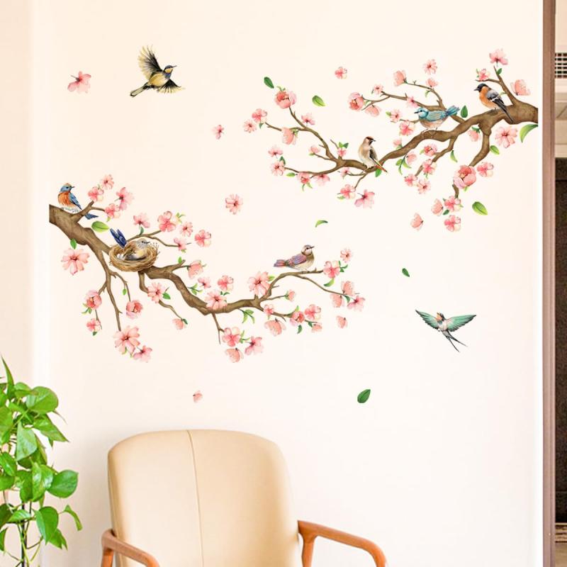桜の木 鳥 ウォールステッカー 春の花咲く木の枝 壁紙シール ピンクの花 緑の葉 自然 装飾用 ステッカー 花 ウォールシール 剥がせる 壁紙シール インテリア 壁装飾 シール