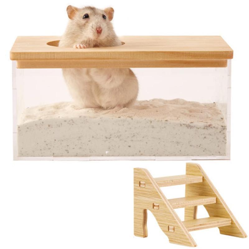 ハムスターの砂浴室 ハムスター トイレ 透明なアクリルの砂浴室 小動物用シャワールーム 木製カバー付き 多機能 お風呂 洗面所 脱臭 掃除しやすい 飛び散り防止 ハリネズミ リス ハムスタ