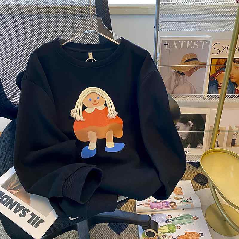 秋冬 レディース フーディー ルーズフィット 丸首 長袖 トップス 綿混 プリント柄 ブラック 快適 伸縮性 復古 デザイン かわいい 秋冬 コーデ 普段使い インナー レイヤード