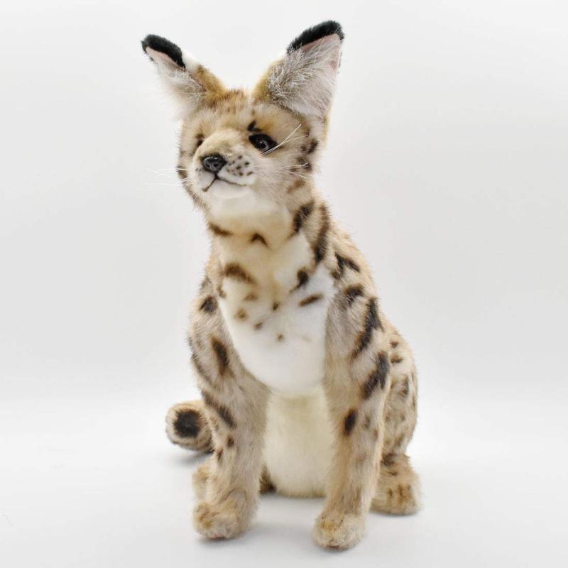 BH7373 HANSA サーバルキャット 44商品タイプ：リアルな動物のぬいぐるみ動物：サーバルキャット【HANSAとは】1972年にオーストラリアで創業して以来、地球上に生息する動物を中心に様々な生物を研究し、細部までリアルに再現したぬいぐるみを製造しております。すべてのHANSA製品は要求される品質基準に適合するため下請工場を一切使用せず、フィリピンの12,000平米に及ぶ自社工場で製造されています。博物館・環境保護団体・教育機関と連携し、世界の動物や環境保護の大切さを伝えています。【HANSAってどんなぬいぐるみ？】身近なペット、動物園で飼育されているような誰でも知っている動物、地域の固有種や太古に生息していた恐竜や絶滅種、ファンタジーの世界の生物など、手のひらサイズの小動物から、4m80cmのキリンといった等身大サイズのぬいぐるみ、地球上に生息する動物を再現する高い技術力によって製造されています。国際検査機関と契約しており、個々の製品ごとの検査証を発行しています。【何故リアルなぬいぐるみなのか？】HANSAがリアルなぬいぐるみを作り続ける理由は世界中に分布している動物たちがどのような姿・生態なのかはもちろん、わたしたち人間が森林伐採や環境汚染で及ぼす影響が動物たちの棲家を奪ってしまっているという事実を次世代の子供たちに知ってもらいたいという環境保全の理念からきています。