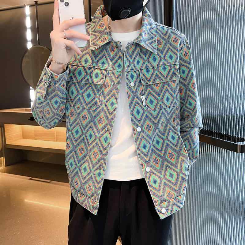 ジャケット 男性用 デニムジャケット 韓国風 花柄 襟付き ライトアウター メンズ トップス 長袖 Gジャン 耐摩耗性