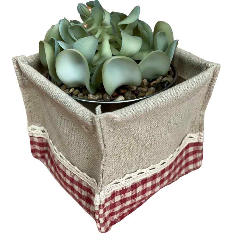 キューフラ(Q-FLA) 観葉植物 フェイク グリーン エケベリア ポット カバー セット ギンガムチェック RED 卓上 コンパクト 造花 人工観葉植物 水やり不要 室内 インテリア 熱帯